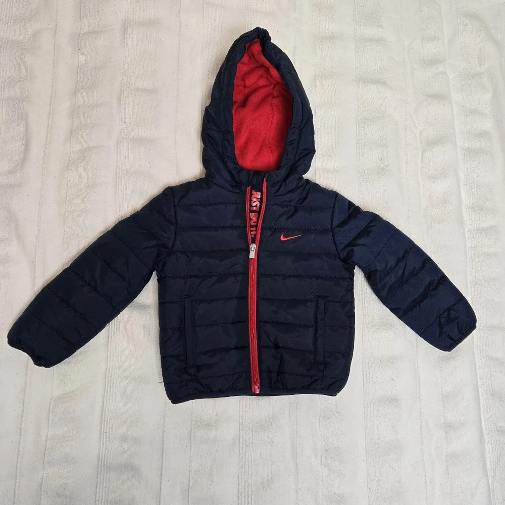 Nike Toddler Boys Puffer Hooded‎ Jacket Size 2T Full Zip Navy &  Red